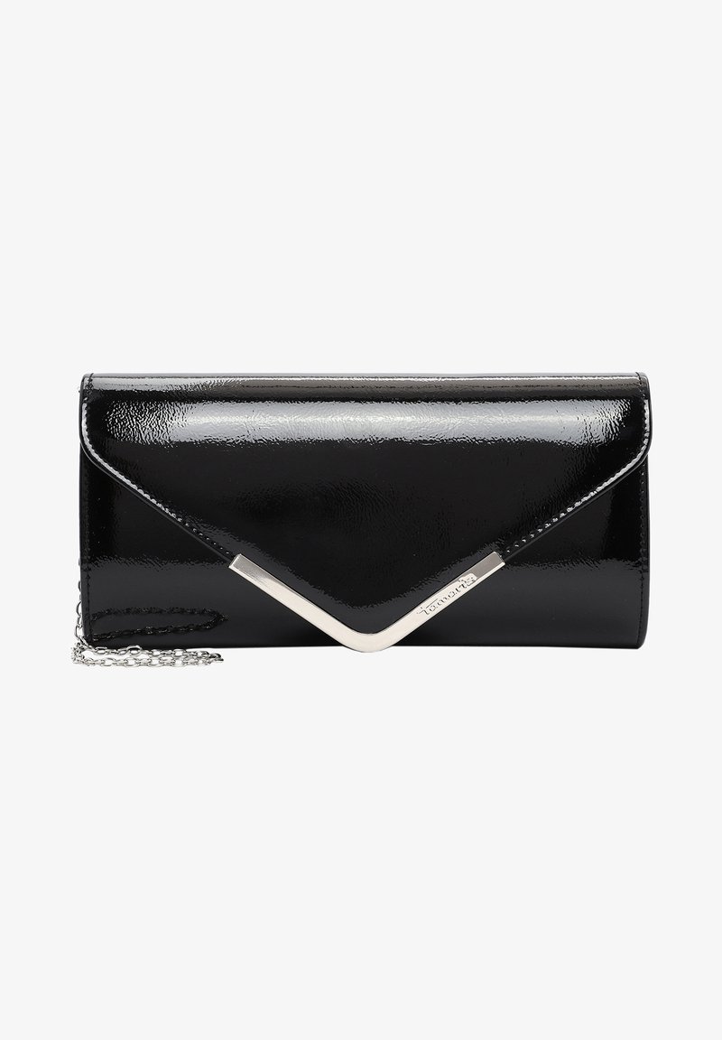 Clutch in vernice nera con un accentuazione metallica a forma di V, dotato di una tracolla a catena e una superficie liscia e lucida.