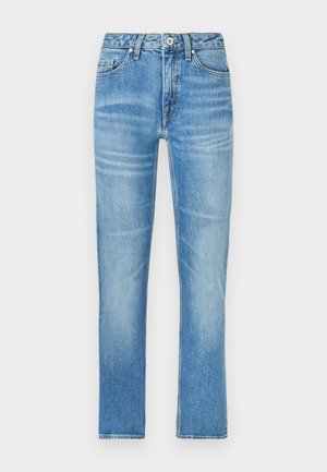 Gai zilu denim bikses ar taisno kāju griezumu, kas satur priekšējās kabatas, pogu aizdari un smalku izbalējumu visā audumā.