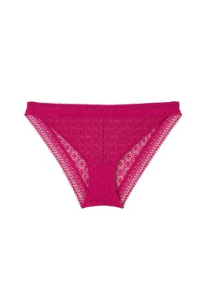 Panties in pizzo fucsia con motivo intricato, caratterizzati da una vita e bordi ondulati. Semi-trasparenti con una vestibilità aderente.