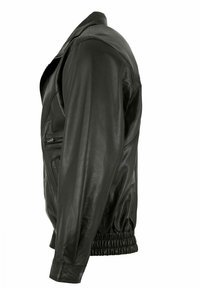 Svart läderjacka med en slät yta, sidoficka med dragkedja och elastisk midja. Har en klassisk krage och åtsittande ärmar.