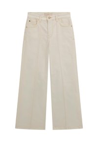 Jean large beige avec taille haute, présentant des garnitures dorées, des surpiqûres accentuées et quatre poches. Tissu en coton lisse avec une coupe relaxée.
