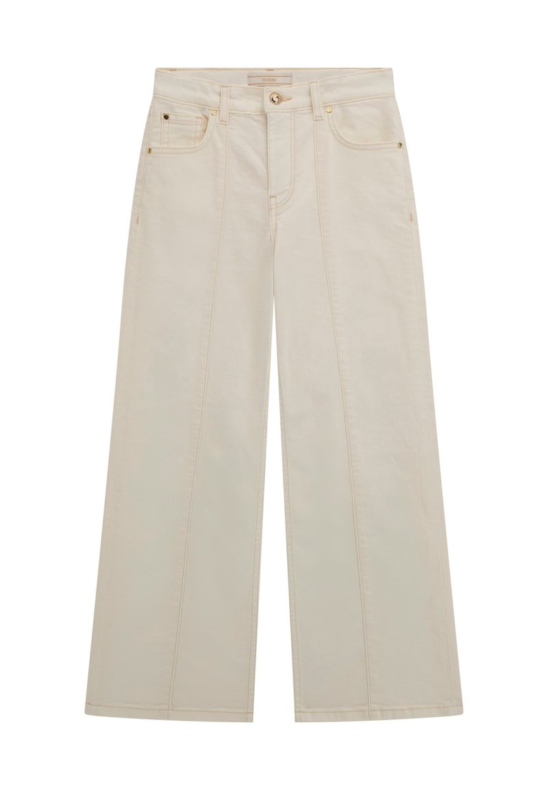 Jean large beige avec taille haute, présentant des garnitures dorées, des surpiqûres accentuées et quatre poches. Tissu en coton lisse avec une coupe relaxée.