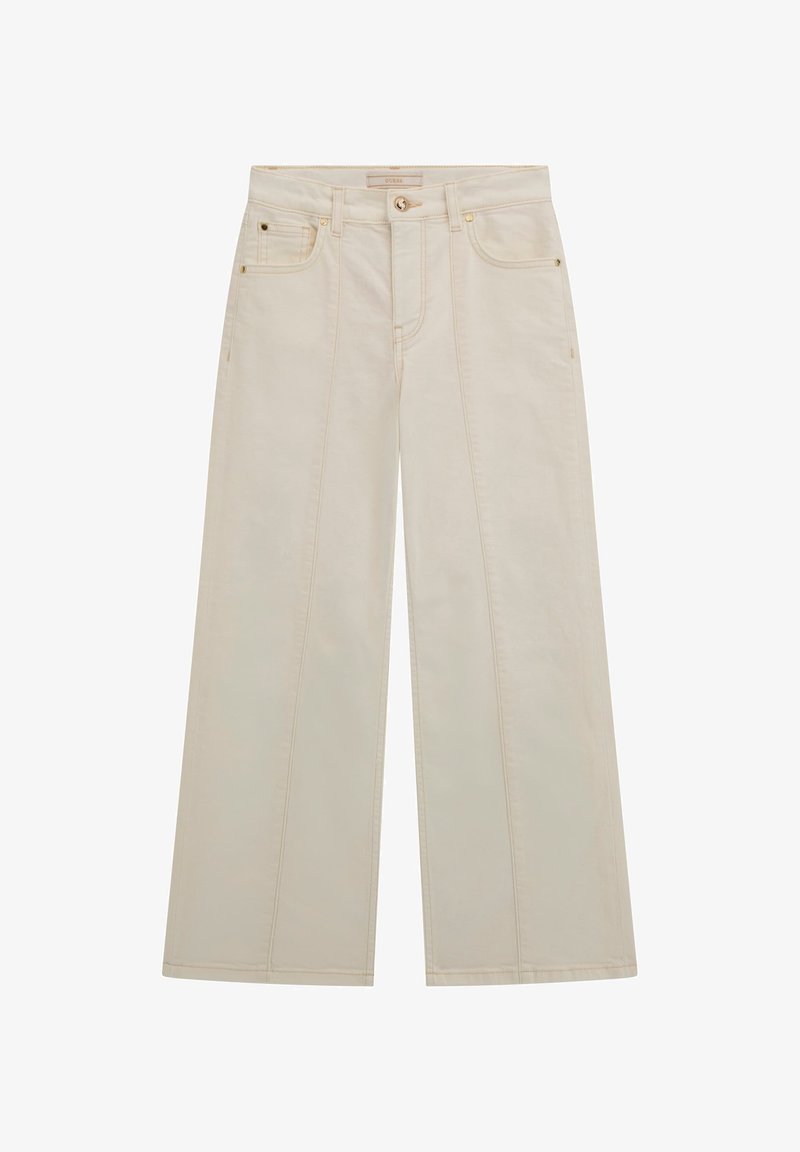 Šviesiai rudos plačių kojų džinsai su aukštu liemeniu, su auksinėmis detalėmis, akcento siūlėmis ir keturiomis kišenėmis. Tampri, medvilninė medžiaga, laisvas siluetas.