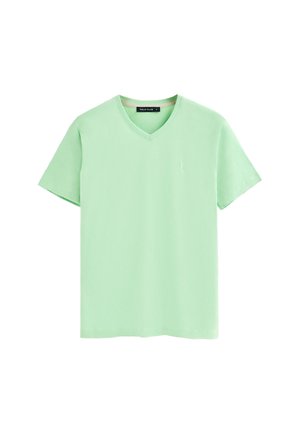 Mintgroene V-hals t-shirt voor heren, gemaakt van katoen, met korte mouwen en een klein logo op de linkerkant van de borst. Gladde textuur, casual ontwerp.