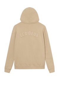 Beige hooded sweatshirt, soft cotton blend, features "LES DEUX" embroidered on the back, ribbed cuffs and hem, and a regular fit.