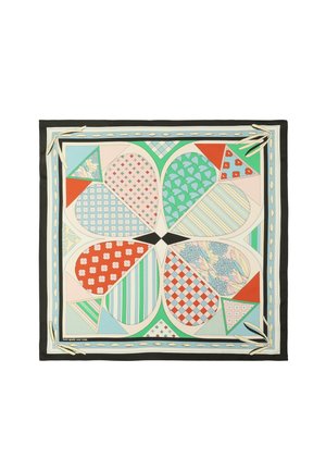 Foulard quadrato con bordo nero che presenta un motivo floreale simmetrico composto da forme geometriche multicolori e vari motivi.