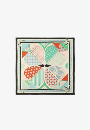 Foulard quadrato con bordo nero che presenta un motivo floreale simmetrico composto da forme geometriche multicolori e vari motivi.