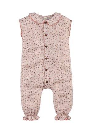Ärmelloser Baby-Strampler mit kleinem roten Blumenmuster, Holzknöpfen vorne, Peter-Pan-Kragen und elastischen, gerafften Beinabschlüssen.