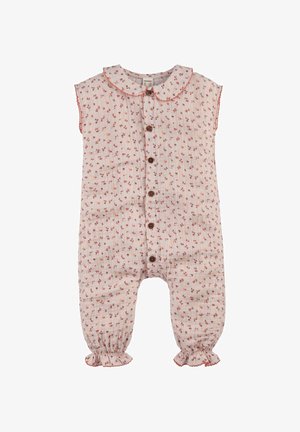 Ärmelloser Baby-Strampler mit kleinem roten Blumenmuster, Holzknöpfen vorne, Peter-Pan-Kragen und elastischen, gerafften Beinabschlüssen.