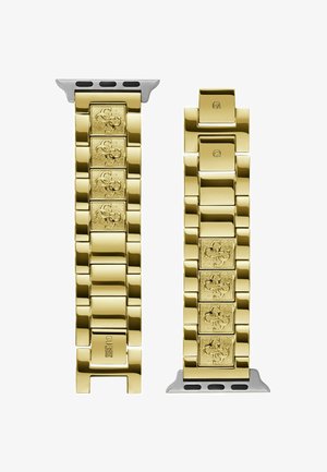 Złota metalowa bransoleta zegarka z polerowanymi ogniwami i fakturowanymi kwadratowymi akcentami. Posiada srebrną zapięcie i unikalny emblemat na niektórych ogniwach.