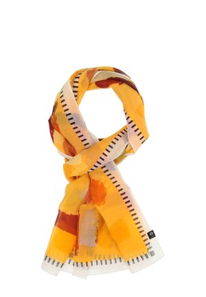 Yellow and orange patterned scarf, made of lightweight fabric, featuring irregular color blocks and a border with black stripes.
