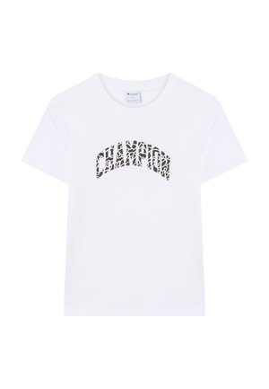 Camiseta blanca de manga corta con texto "CHAMPION" en blanco y negro curvado en el pecho.