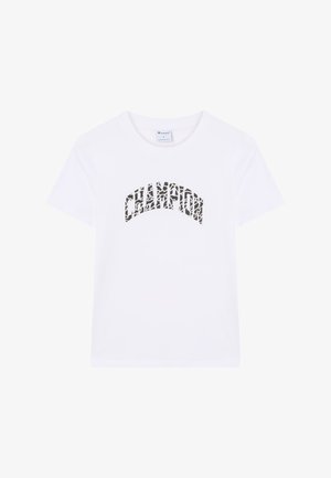 Camiseta blanca de manga corta con texto "CHAMPION" en blanco y negro curvado en el pecho.