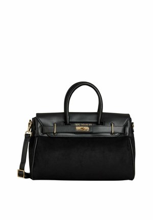 Sac à main en cuir noir avec deux poignées, une bandoulière amovible et une fermeture à bouton doré portant la marque "Mac Douglas".