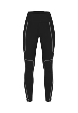 Leggings neri con vita alta, cuciture riflettenti grigie e cerniere alle caviglie. Tessuto liscio con un design aderente.