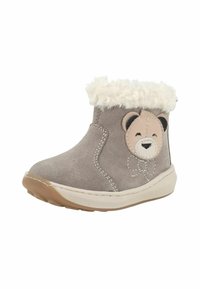 Stivale alla caviglia in suede grigio con un soffice colletto in pelliccia bianca, caratterizzato da un'applicazione a forma di faccia di orso e dettagli ricamati, su una leggera suola in gomma.