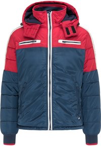 Doudoune avec des panneaux rouges et bleus marine. Dotée d'une capuche, d'une texture matelassée et de poches zippées. Zips blancs et poignets côtelés.
