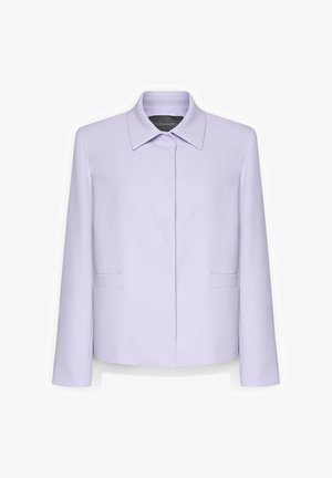 Blazer da donna lilla con colletto, bottoni frontali nascosti e due tasche frontali a filetto, mostrato su sfondo bianco.