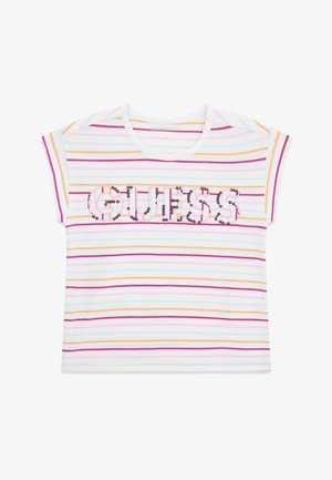 White short-sleeve shirt with horizontal pink, orange, and teal stripes, featuring "GUESS" text in pink sequins across the chest.