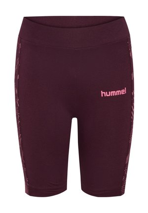 Bordeaux rode sportshorts met een aangesloten ontwerp, voorzien van een roze logo en patroonaccenten aan de zijkant. Gemaakt van rekbare, ademende stof.