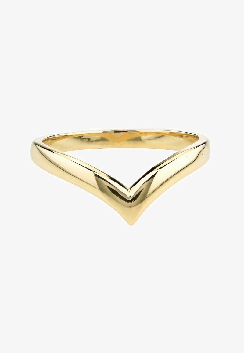 Zelta tonis gredzens ar V formas dizainu. Gluda, pulēta virsma ar sašaurinātu malu, radot elegantu un mūsdienīgu siluetu.