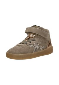 Beige suède sneaker voor kinderen met hoge schacht, glinsterende sterdetails, metallic roségouden accenten, klittenbandsluiting en rubberen zool.