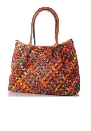 Large handbag with multicolored woven leather strips in red, orange, yellow, blue, and brown tones, featuring two brown leather handles.