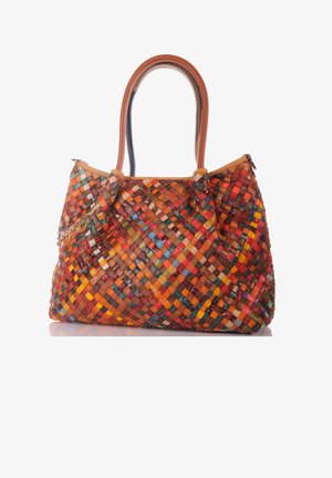 Large handbag with multicolored woven leather strips in red, orange, yellow, blue, and brown tones, featuring two brown leather handles.