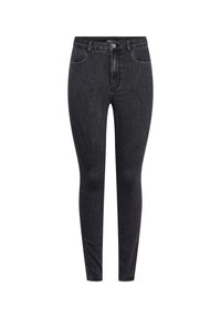 Černé úzké džíny z denimu s vysokým pasem, předním zapínáním na knoflíky a tradičním pětipoklopovým designem.