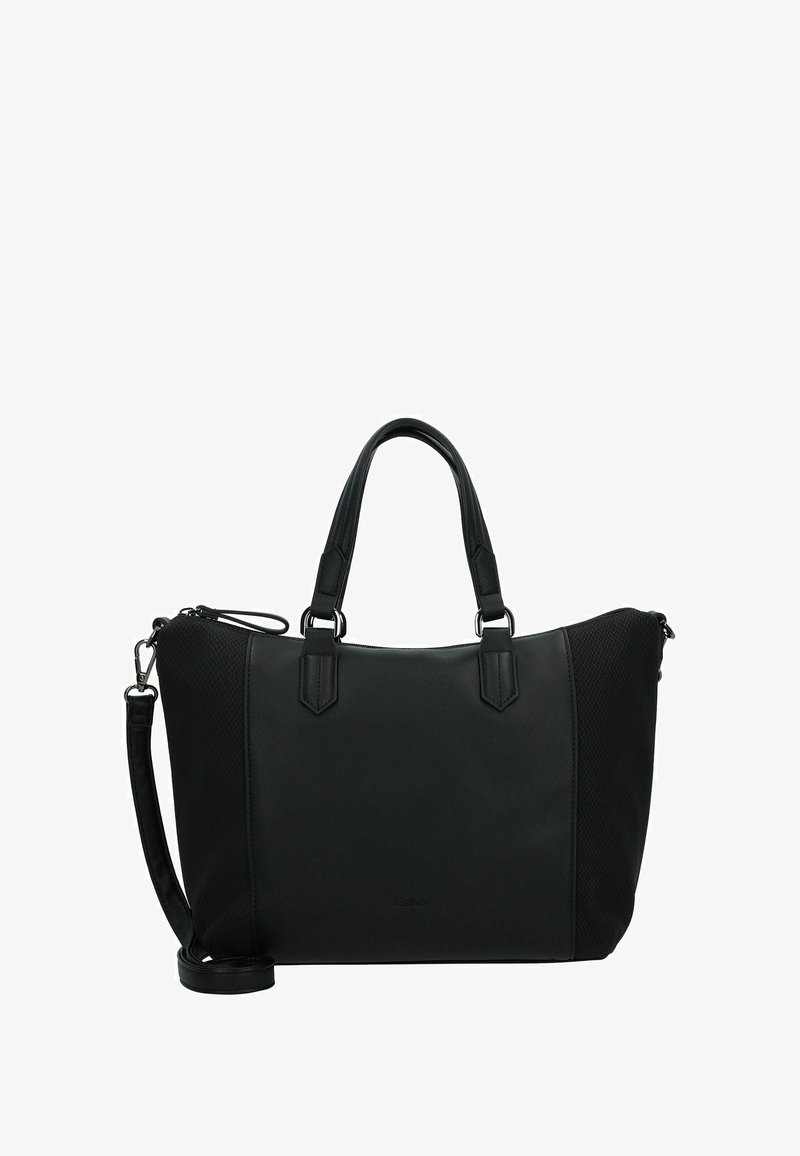 Bolso de mano de cuero negro con dos asas, correa de hombro desmontable y paneles laterales texturizados, mostrado sobre un fondo blanco.