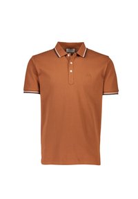 Polo marron en coton avec un col classique, trois boutons et des accents rayés contrastés sur le col et les manches.