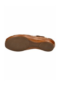 Suela de zapato de cuero marrón con una parte inferior de goma texturada, que presenta un patrón tejido y un diseño suave y curvo a lo largo de los bordes.