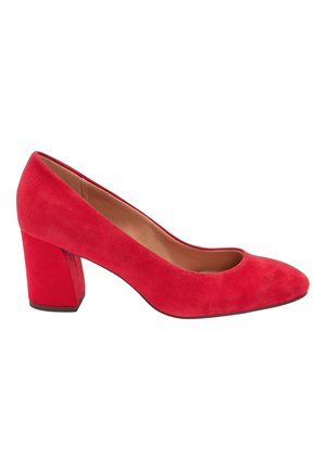 Escarpin pour femme en daim rouge avec talon épais, bout arrondi et doublure intérieure beige, présenté de profil sur fond blanc.