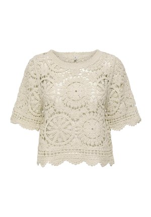 Beige gehaakte top met korte mouwen, met ronde bloemmotieven en gegolfde zoom, voorzien van een opengewerkt kanten ontwerp.