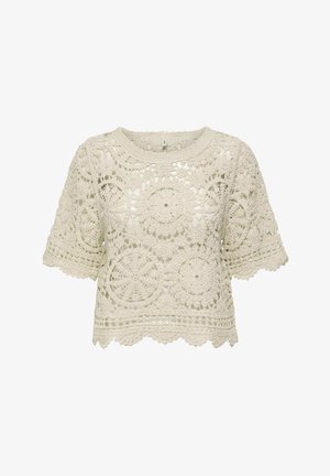 Beige hæklede kortærmede top med cirkulære blomsterprint og bølget kant, med åben blonddesign.