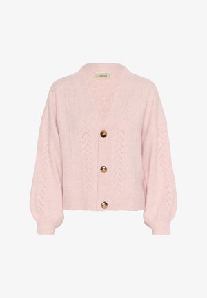 Heled roosa kudumärk kardigan V-kaelusega, millel on keerduv muster, kolm suurt pruunikat nööpi ja puhvallsed varrukad.