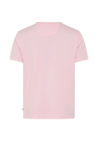 Einfarbiges, hellrosa T-Shirt mit kurzen Ärmeln, gezeigt von hinten, mit rundem Halsausschnitt und geradem Saum.