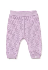 Svetrákové fialové kalhoty s žebrovaným pasem a manžetami. Obsahují strukturovaný vzor a malou značkovou visačku na zadní straně.