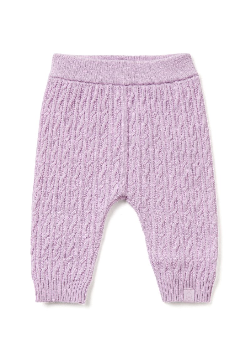 Svetrákové fialové kalhoty s žebrovaným pasem a manžetami. Obsahují strukturovaný vzor a malou značkovou visačku na zadní straně.
