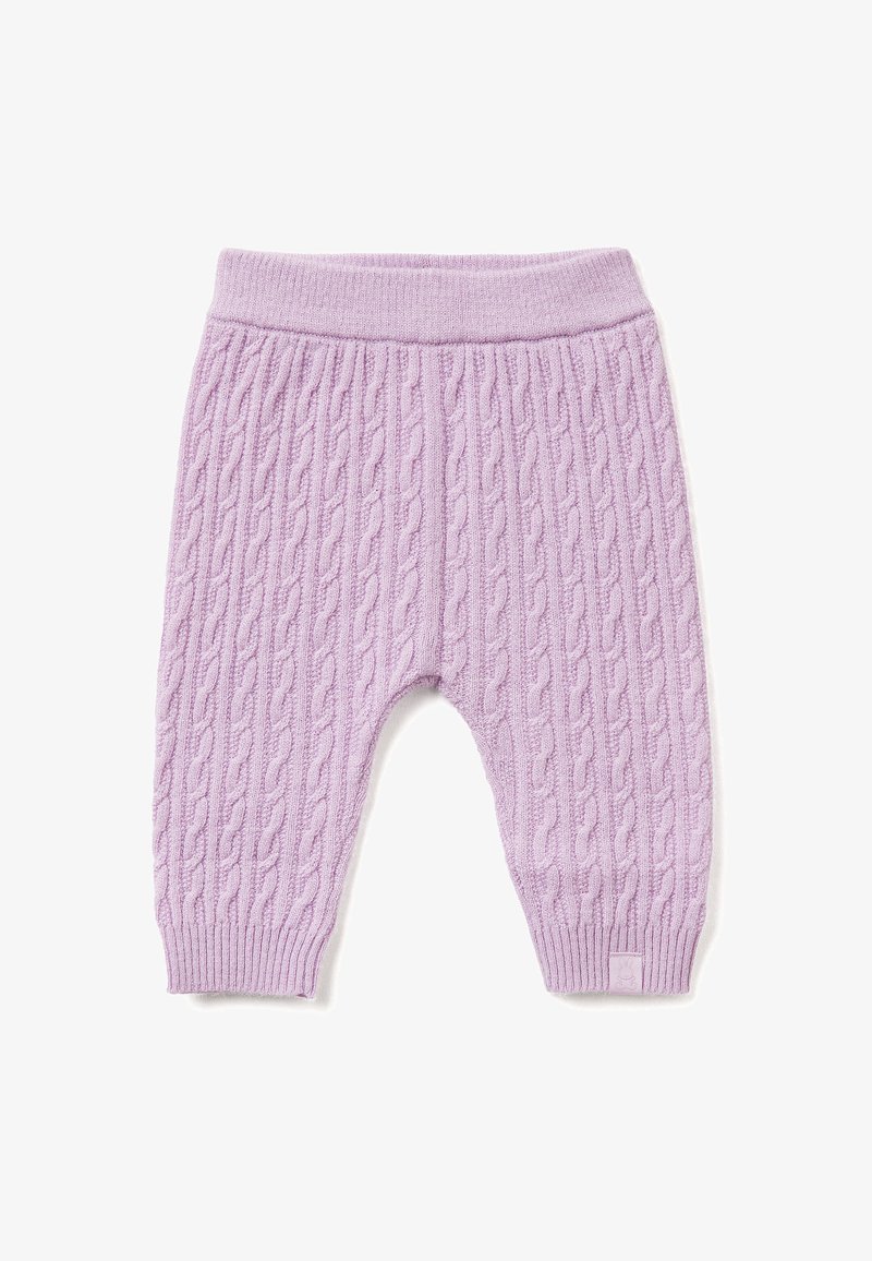 Svetrákové fialové kalhoty s žebrovaným pasem a manžetami. Obsahují strukturovaný vzor a malou značkovou visačku na zadní straně.