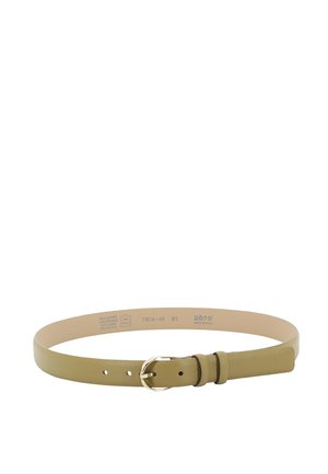 Light olive-green leather belt with small round silver buckle and two belt loops, displayed flat on white background.