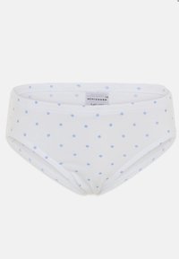 Weiße Baumwollunterwäsche mit kleinen blauen Punkten. Verfügt über einen breiten Bund und minimale Nahtdetails. Weiches Material, klassisches Slip-Design.