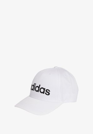 White cap made of cotton, featuring a black "adidas" logo on the front. Soft texture, with a curved visor and six ventilation holes.