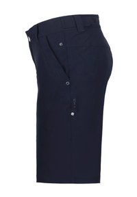 Marinblå shorts med slät front, sidofickor och metallknappar. Tillverkade av ett mjukt material, med en avslappnad passform och rena linjer.