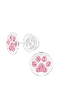 Boucles d'oreilles en argent avec un design de empreinte de patte rose, orné de strass roses sur un fond blanc, présentées avec des fermoirs clairs.