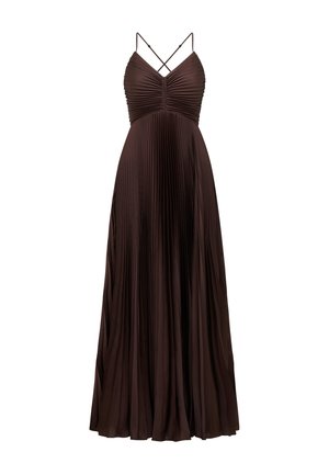 Bruine, geplooide maxi-jurk met een aansluitende bodice, spaghettibandjes en een vloeiende rok, gemaakt van lichtgewicht, geweven stof.