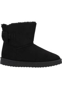 Botte d'hiver noire mi-mollet avec semelle épaisse, doublure en fourrure douce et nœud décoratif à l'arrière.