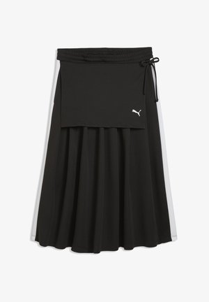 Zwarte geplooide rok met witte zijstrepen, elastische tailleband, trekkoord aan de rechterkant en klein wit Puma-logo op de voorflap.