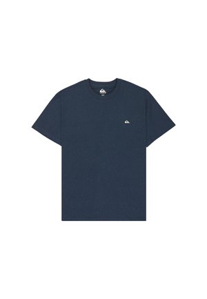 Dark blue short-sleeve t-shirt made of cotton, featuring a crew neckline and a small white logo on the left chest. Smooth texture.