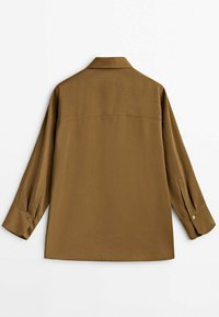 Chemise marron à manches longues avec col et poignets à boutons. Texture lisse et coupe droite. La vue arrière montre un empiècement et sans détails supplémentaires.